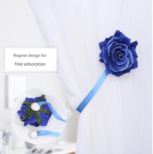 Curtain Tiebacks， Rose Magnetic Curtain Holders，Elegant 2 Pack Decorative Rope Holdback Holder, Home Decor Thin or Sheer Window Drapries Bed Canopy (Blue)