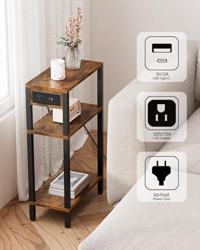 TUTOTAK Narrow Side Table, 3-Tier Small End Table with Charging Station