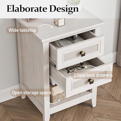 RoyalCraft Rattan Nightstand Set of 2 for Bedroom, Boho Bedside Table with 2 Drawers, Accent End Table with Open Storage Shelf, Wood Bedside Unit for Home Office, Grayish White