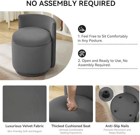 WUTUTUEE Velvet Vanity Chair with Storage, 360° Swivel Makeup Chair with Wave Back, No Assembly Small Accent Stool for Bedroom, Dressing, Living Room, Grey