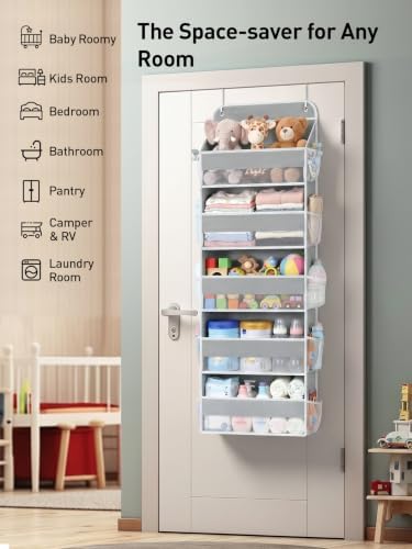 Yecaye Over the Door Organizer, Stuffed Animal Storage, Bathroom Organizers and Storage for Nursery Newborn Baby Essentials Stuff Dorm Room, Widen by 7cm, Deepen by 3cm, Grey 5 Tier Extra-Large