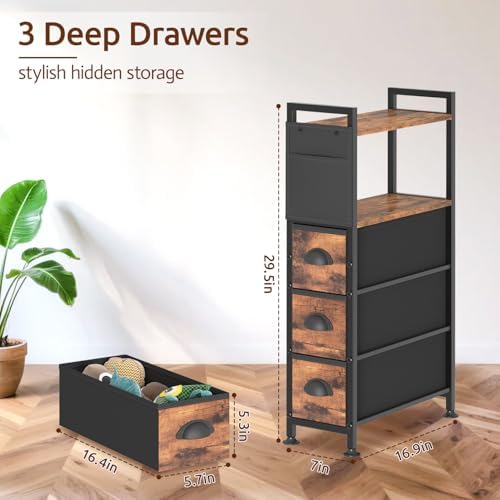 Oppro Small Narrow Side Tables, 3 Drawers Skinny Bedside Table Nightstand