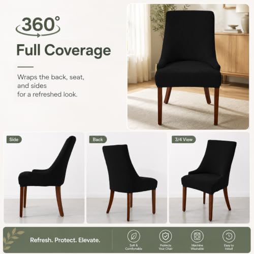 MIFXIN Wingback Side Chair Covers Dining Chair Slipcover Jacquard Stretch Sloping Armchair Protector Arm Chair Seat Cover for Dining Room Living Room Banquet Home Decor (Black, 2 Pcs)