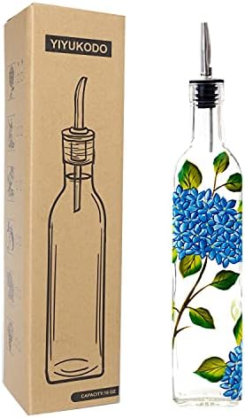 17oz Hand Painted Glass Olive Oil Bottle Dispenser - 500ml Green Oil & Vinegar Cruet with Pourers - Olive Oil Carafe Decanter for Kitchen (hydrangea)