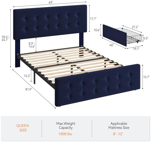 IDEALHOUSE Queen Size Bed Frame with 4 Storage Drawers and Headboard, Blue