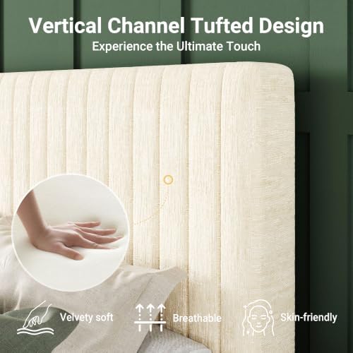 Allewie Queen Bed Frame, Upholstered Platform Bed with Adjustable Vertical Channel Tufted Headboard, Mattress Foundation with Strong Wooden Slats, Box Spring Optional, Easy Assembly, Cream White
