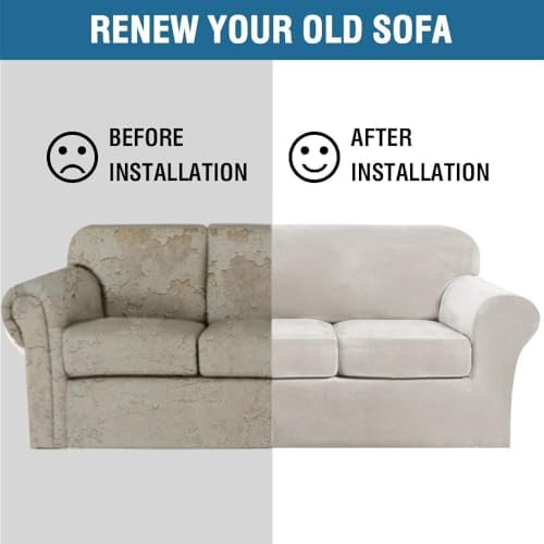 H.VERSAILTEX High Stretch Sofa Slipcover 4 Piece Cover Velvet Furniture Protector Form Fit Thick Velvet Extra Large Sofa Cover for 3 Cushion Couch Width Up to 97 Inch (Large Sofa, Oatmeal)