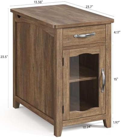ONBRILL Rustic End Table with Charging Station, Narrow Side Table, Brown
