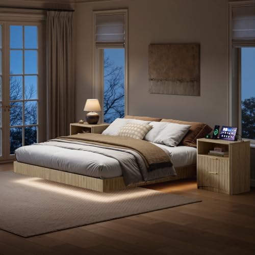 Evermagin Queen Bedroom Set, Floating Bed Frame & Charging Nightstands, Oak