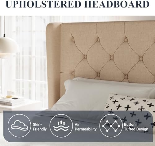 Allewie Queen Size Bed Frame with Button Tufted Wingback Headboard, Beige