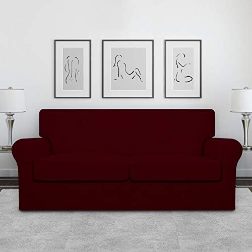 Easy-Going Oversized 3 Pieces Stretch Fleece Soft Loveseat Couch Cover for Pets - Washable Sofa Slipcover for 2 Separate Cushion Couch - Elastic Furniture Protector for Dogs, Kids Wine