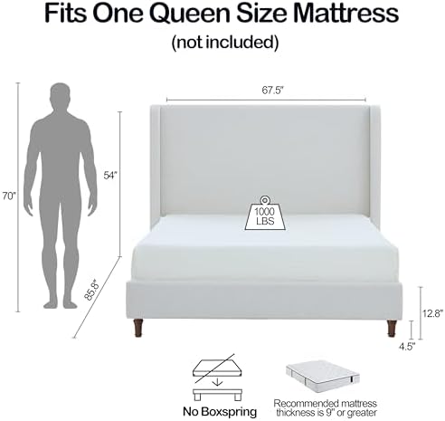 Queen 54" Harper Tall Headboard Wingback Upholstered Platform Bed Frame Premium Elegant Simplicity for Bedroom Strong Wood Slats Support No Box Spring Needed No Noise Cream White Boucle