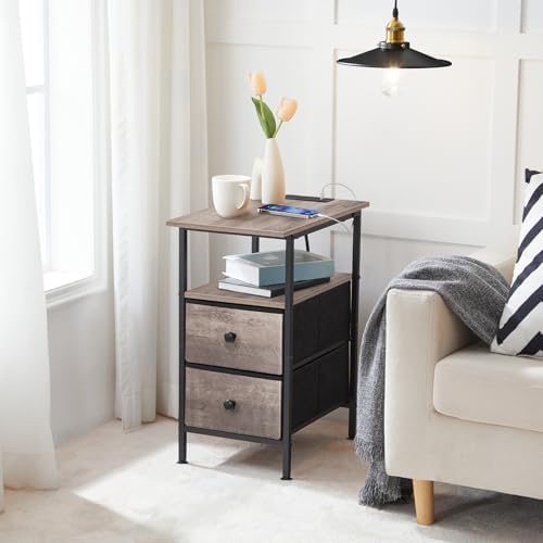 HOOBRO End Table with Charging Station, Narrow Side Table, Nightstand with 2 Non-Woven Drawers, Slim Sofa Side Table, for Small Spaces, Living Room, Bedroom, Greige and Black BG486UBZ01