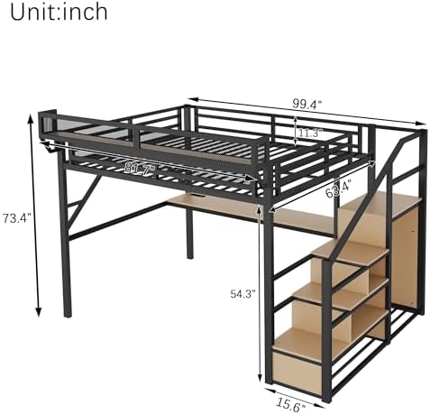 Queen Size Metal Loft Bed Frame with Desk, Staircase, Built-in Storage Shelves and Wardrobe, Modern Loft Bed with Solid Slat, Guardrail, No Box Spring Required, Easy Assembly, for Bedroom, Black