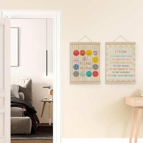 MAQIKA Boho Mental Health Poster Framed with Wood Hanger, Boho Classroom Hanging Wall Decor, Feeling Chart Emotions Canvas Wall Art Paints for Therapy Counselor Office Classroom, 12x16 Inch Set of 2