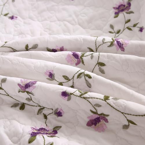 vctops 100% Cotton Quilted Throw Blanket 50x60 Inch Floral Embroidered Reversible Patchwork All Season Throw (Purple,50"x60")