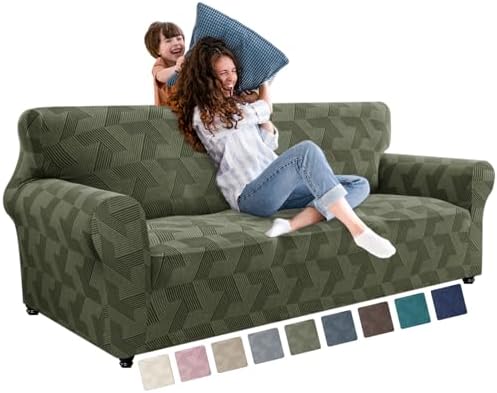 JIVINER 1 Piece Couch Cover for 3 Cushion Couch, High Stretch Sofa Covers with Elastic Bottom, Washable Sofa Slipcovers for Dog, Pets Feature Geometrical Jacquard Fabric (Sofa, Army Green)