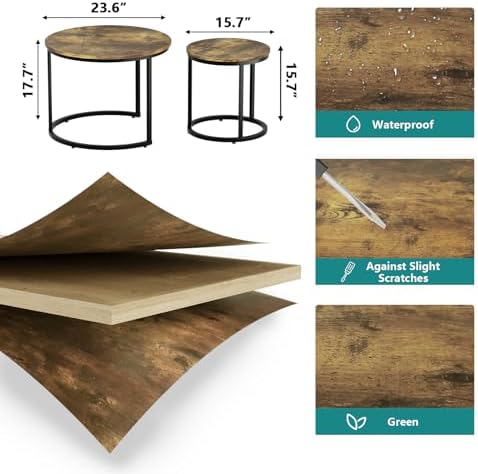 Smuxee Nesting Coffee Table Set of 2, 23.6" Round Coffee Table Rustic Wood Top with Adjustable Non-Slip Feet, Industrial End Table Side Tables for Living Room Bedroom Balcony Yard