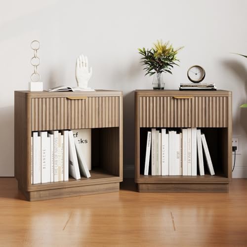 Fluted Nightstand Set of 2 with Charging Station,Drawer & Open Shelf,Walnut