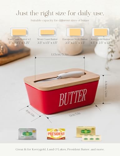 AISBUGUR Large Butter Dish with Lid Ceramics Butter Keeper Container with Knife and High- quality Silicone Sealing Butter Dishes with Covers Good Kitchen Gift Red 6.3 x 3.5 x 2.7 inches
