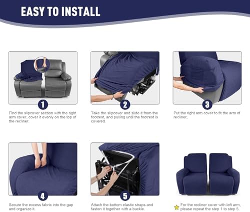 KinCam Recliner Covers, Stretch Reclining Chair Covers, Recliner Sofa Slipcovers Stripe Jacquard Recliner Couch Covers Furniture Protector Covers for Pet Kid (2 Seater, Dark Blue)