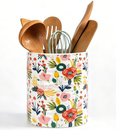 Kitchen Utensil Holder,7.2-inch Extra Large Ceramic Garden Floral Pattern Utensil Crock,Cooking Utensil Organizer for Kitchen Counter Decor,Storage Caddy Farmhouse Gift Mint Flowers