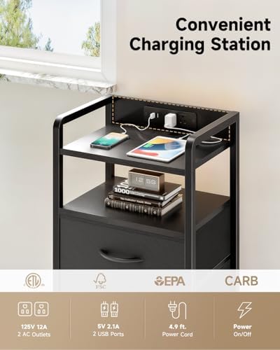 Lazzanto Nightstand with Rear Charging Station, LED Light, 2 Drawers, Black