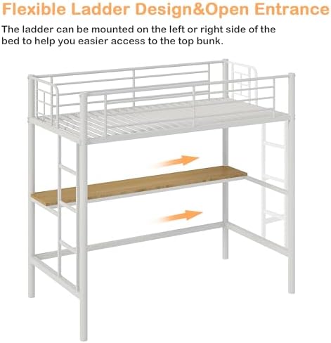 VECELO Loft Bed Twin Size with Desk, Metal Bedframe with Removable Ladder and Safety Guardrail, No Box Spring Needed, Space Saving, Noise Free, Natural White