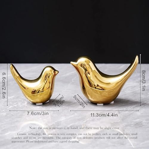 2 Ceramic Bird Figurines, Gold Bird Statues for Shelf and Bookshelf Decor