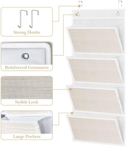 Over the Door File Organizer - Hanging Wall Mounted File Folders Storage with 4 Extra Large Pockets for Home, 0ffice, Classroom, Chart Papers, Files, Letters, Planner, Documents, Magazine Book