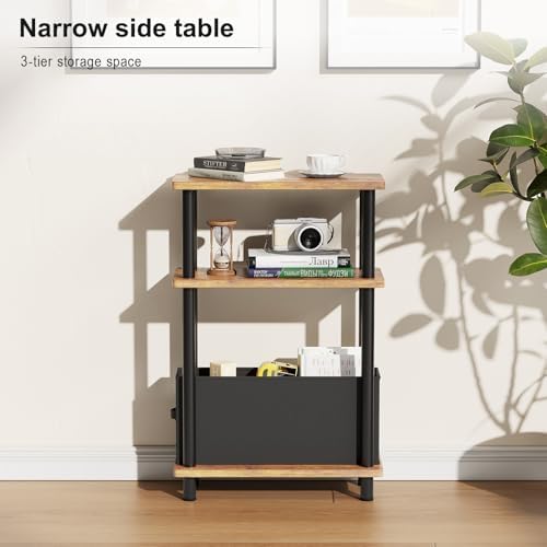 Apicizon Narrow Side Table with Fabric Basket, 3-Tier End Table,Brown Black