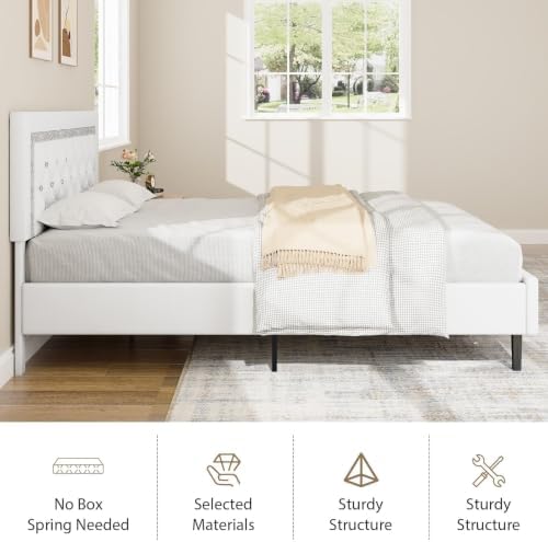 BarnFurin Full Size Bed Frame with Tufted Button Headboard, White