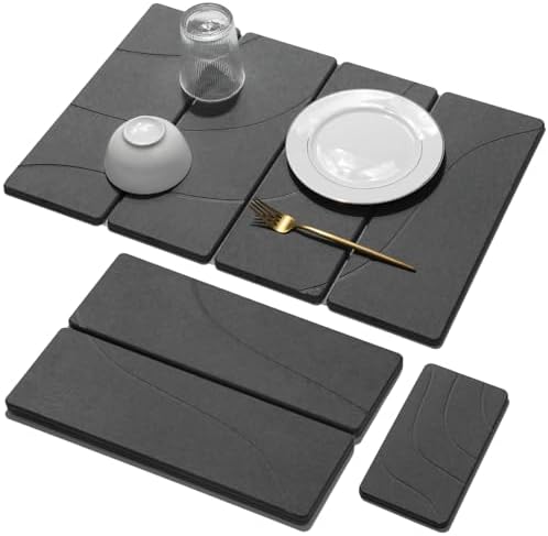 Large Stone Dish Drying Mat for Kitchen Counter, 2 PCS Quick Dry Stone Mats, Foldable Water Absorbing Diatomaceous Earth Drying Dishes Pad for Countertop Bottle Utensil Cup(Carved Gray 24"x16"&8"x4")