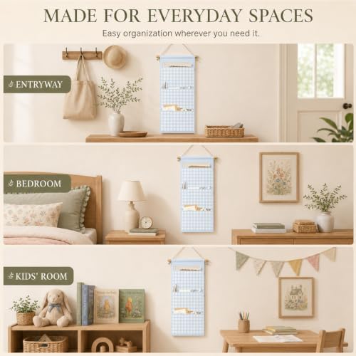 IAXIC Blue Gingham Wall Hanging Organizer, Canvas Storage for Nursery