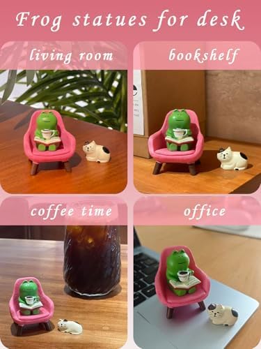 Miniature Frog Figurines Set, Cute Resin Desk Decor with Pink Chair and Sleepy Cat, Small Shelf Decoration for Office Home Workspace, Gifts for Women Teachers Coworkers Frog Lovers
