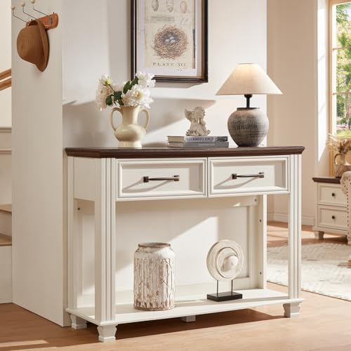 SAVOR LIFE 46" Farmhouse Console Table with Drawers, White Entryway Table