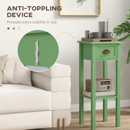HOMCOM Narrow End Table with Drawer and Bottom Shelf Set of 1 Green