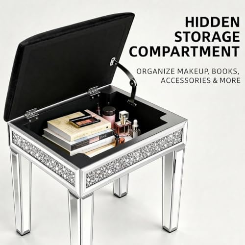 Vanity Stool with Storage Mirrored Legs, Velvet Cushioned Ottoman, Hidden Compartment, Sparkling Diamond Trim, Glam Makeup Chair & Piano Bench (Black)