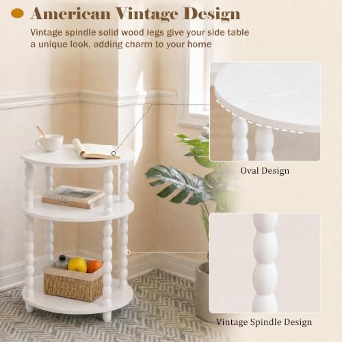 3-Tier Oval Side Table, Small End Table with Solid Wood Spindle Legs White