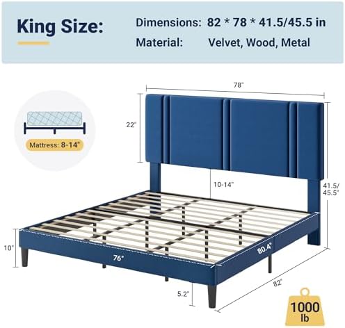 Allewie King Size Platform Bed Frame with Velvet Upholstered Headboard