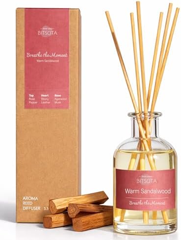 Natural Reed Diffuser Set, Warm Sandalwood 3.52 oz (100ml) Scented Diffuser with Sticks Home Fragrance Reed Diffuser for Bathroom Shelf Decor, Ideal Gift for Woman