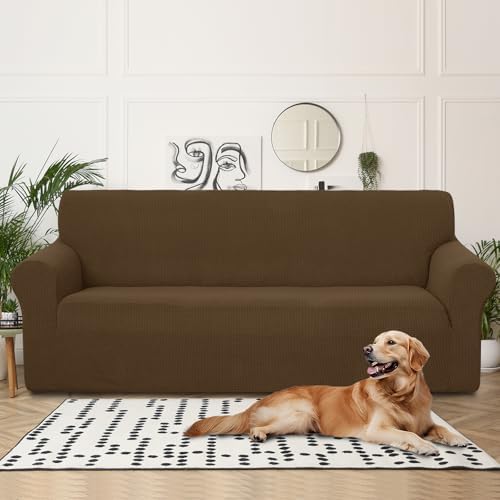 U-NICE HOME 4 Seater Stretch Couch Cover for 3 Cushion Sofa, Brown