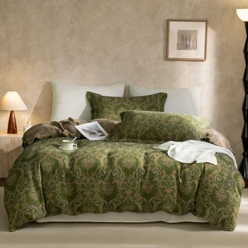 Olive Green Duvet Cover Set King,Reversible Medallion Flower Print Bedding Set Linen Cotton Yarn-Dyed Textured Bohemian Duvet Cover with Zipper Closure-104 x90