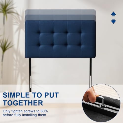 Linen Stitched Tufted Twin Headboard, Adjustable Height 37.2-46 in, Blue