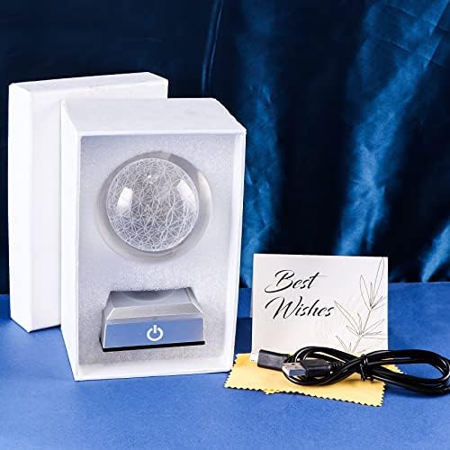 Flower of Life Crystal Sphere with Led Colorful Lighting Touch Base, Sacred Geometry Crystal Ball Starlight Magic, Feng Shui Decor Laser Engraved Seek of Flower Inside A Sphere