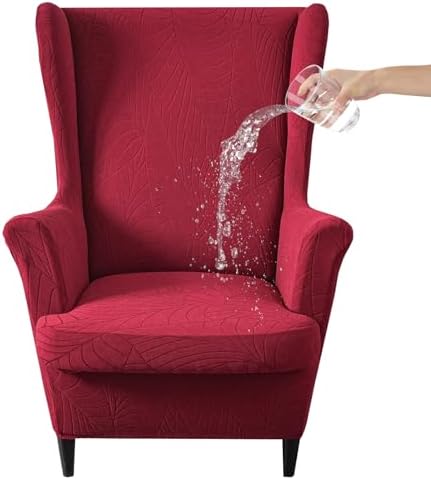 2 Piece Wingback Chair Cover Stretch Jacquard Wing Back Chair Slipcover with Armrest Washable Furniture Protector for Armchair Living Room Bedroom