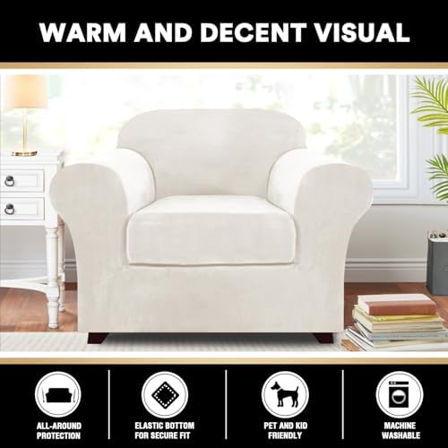 PrinceDeco Velvet Plush Couch Cover Stretch 2 Piece Chair Cover Chair Slipcover Washable Furniture Protector Couch Soft with Elastic Bottom Armchair Cover Width Up to 49 Inch(Small, Porcelain)