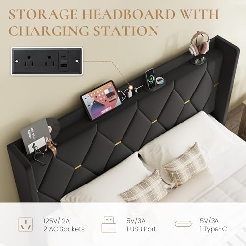 SHA CERLIN King Size Bed Frame with Storage Headboard & Charging Station