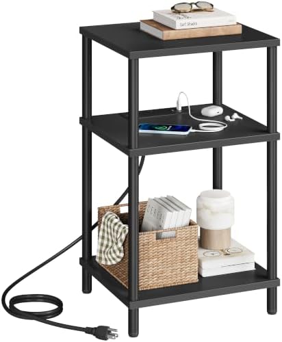 VASAGLE Side Table with Charging Station, 3-Tier Small Tall End Table