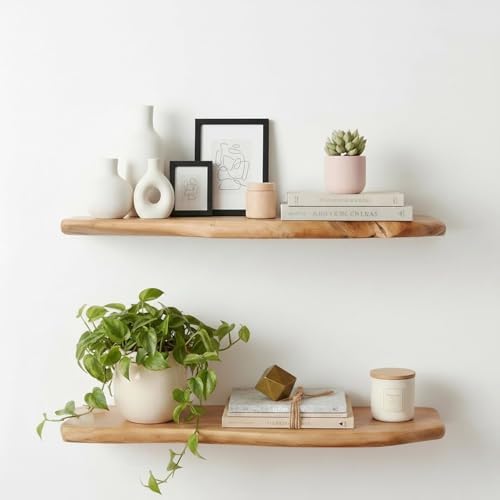 WELLAND 24" Cedar Floating Shelves, Set of 2, Live Edge Wall Shelves